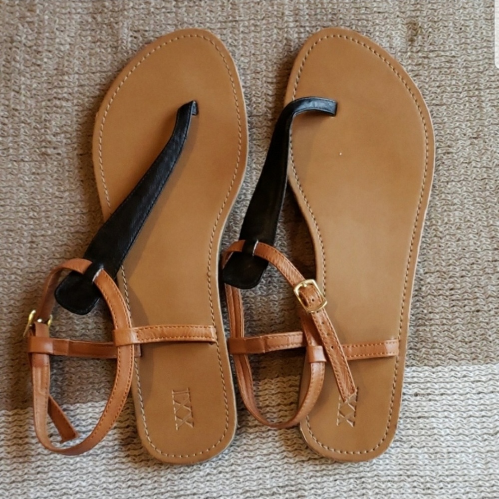 Black and tan strappy sandals